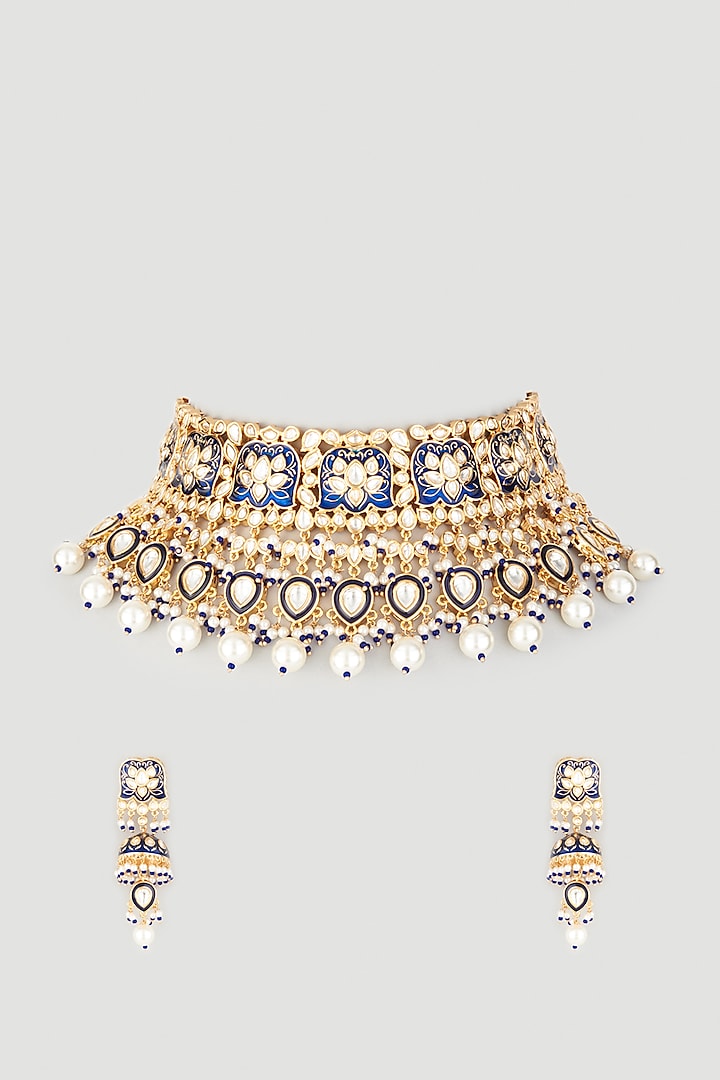 Gold Finish Kundan Polki & Shell Pearl Necklace Set by Prihan Luxury Jewelry