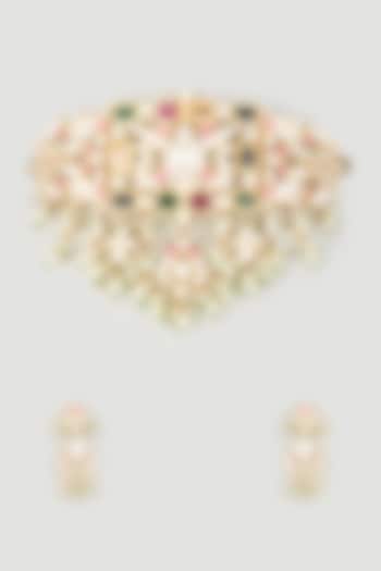 Gold Finish Semi-Precious Navaratna Stone Necklace Set by Prihan Luxury Jewelry