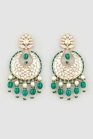 Gold Finish Semi-Precious Emerald Chandbali Earrings by Prihan Luxury Jewelry