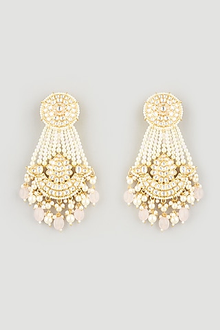 Gold Finish Rose Quartz Chandbali Earrings by Prihan Luxury Jewelry