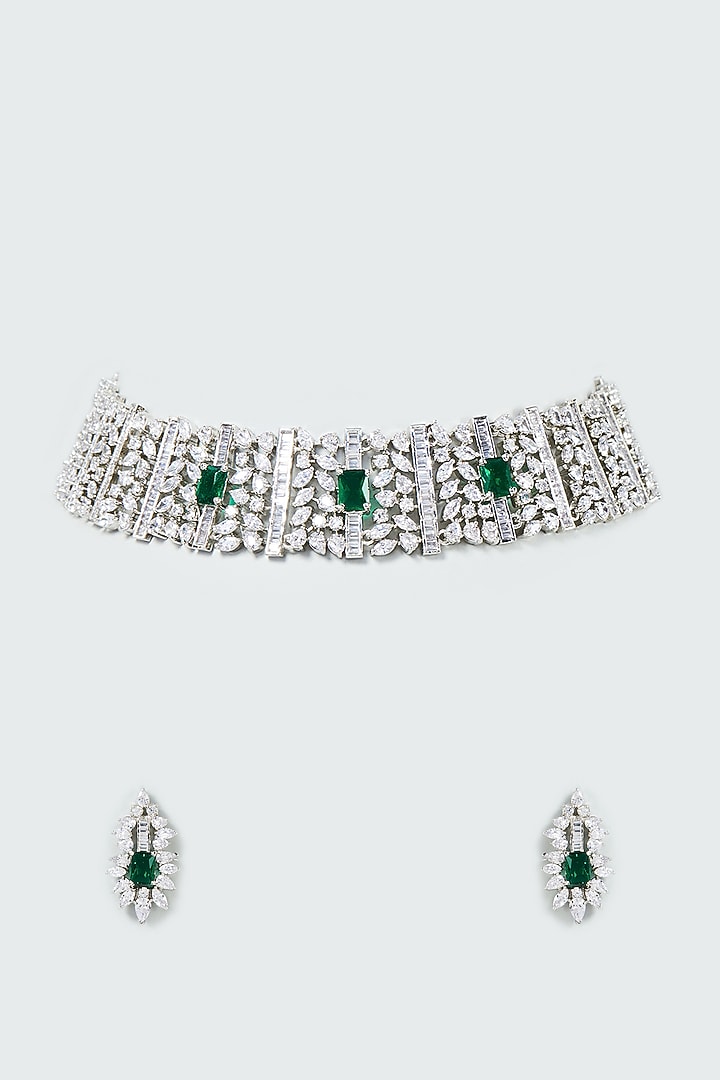 White Finish Faux Diamond & Emerald Choker Necklace Set by Prihan Luxury Jewelry at Pernia's Pop Up Shop