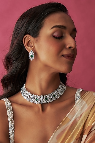 White Finish Faux Diamond & Emerald Choker Necklace Set by Prihan Luxury Jewelry