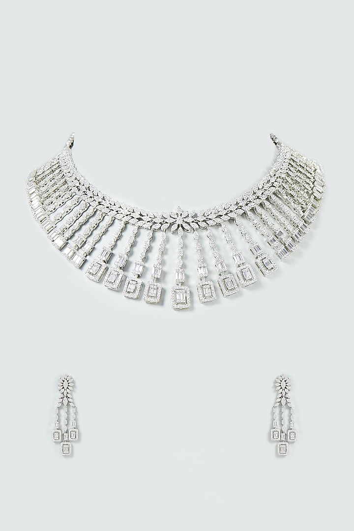 White Finish Faux Diamond Necklace Set by Prihan Luxury Jewelry at Pernia's Pop Up Shop