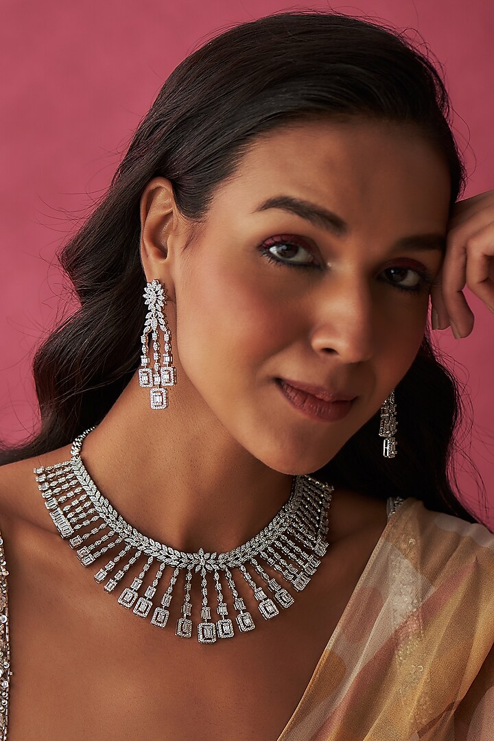 White Finish Faux Diamond Necklace Set by Prihan Luxury Jewelry at Pernia's Pop Up Shop