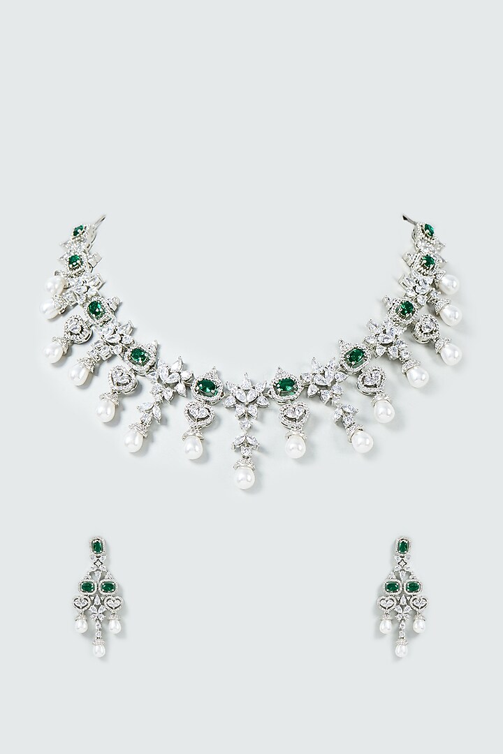 White Finish Faux Diamond & Emerald Necklace Set by Prihan Luxury Jewelry at Pernia's Pop Up Shop