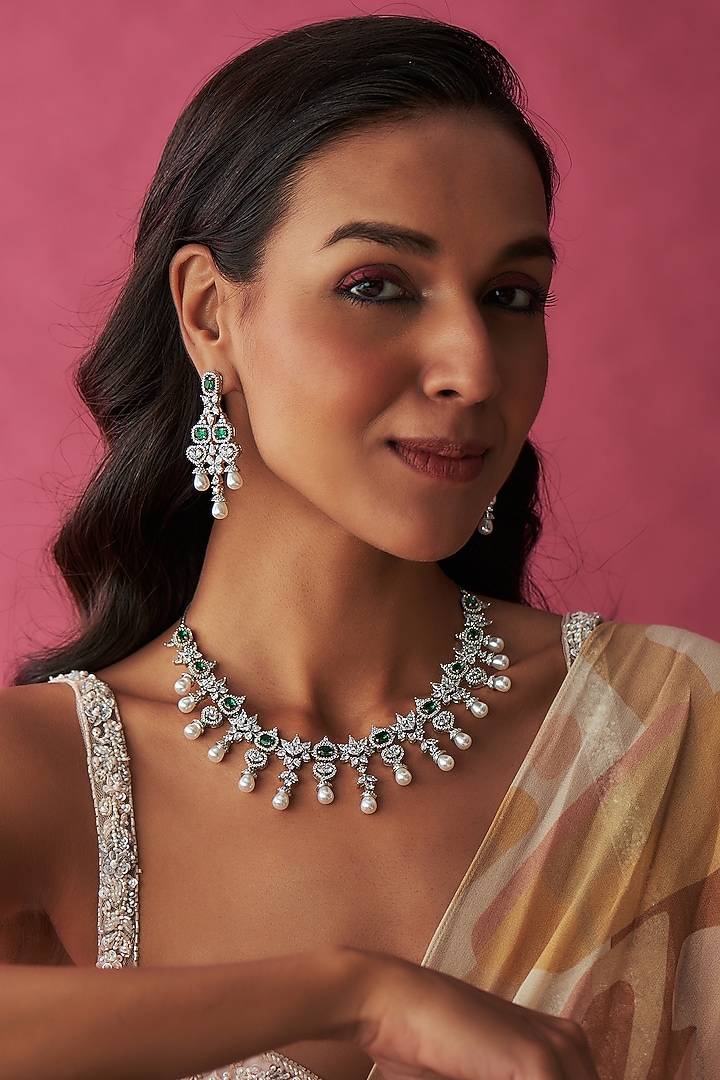 White Finish Faux Diamond & Emerald Necklace Set by Prihan Luxury Jewelry at Pernia's Pop Up Shop