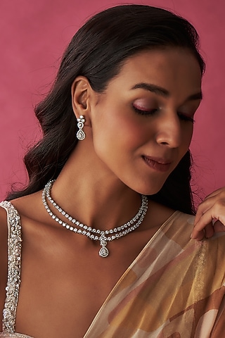 White Finish Faux Diamond Necklace Set by Prihan Luxury Jewelry