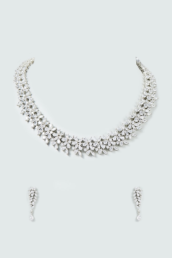 White Finish Faux Diamond Necklace Set by Prihan Luxury Jewelry at Pernia's Pop Up Shop