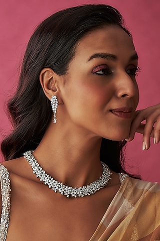 White Finish Faux Diamond Necklace Set by Prihan Luxury Jewelry