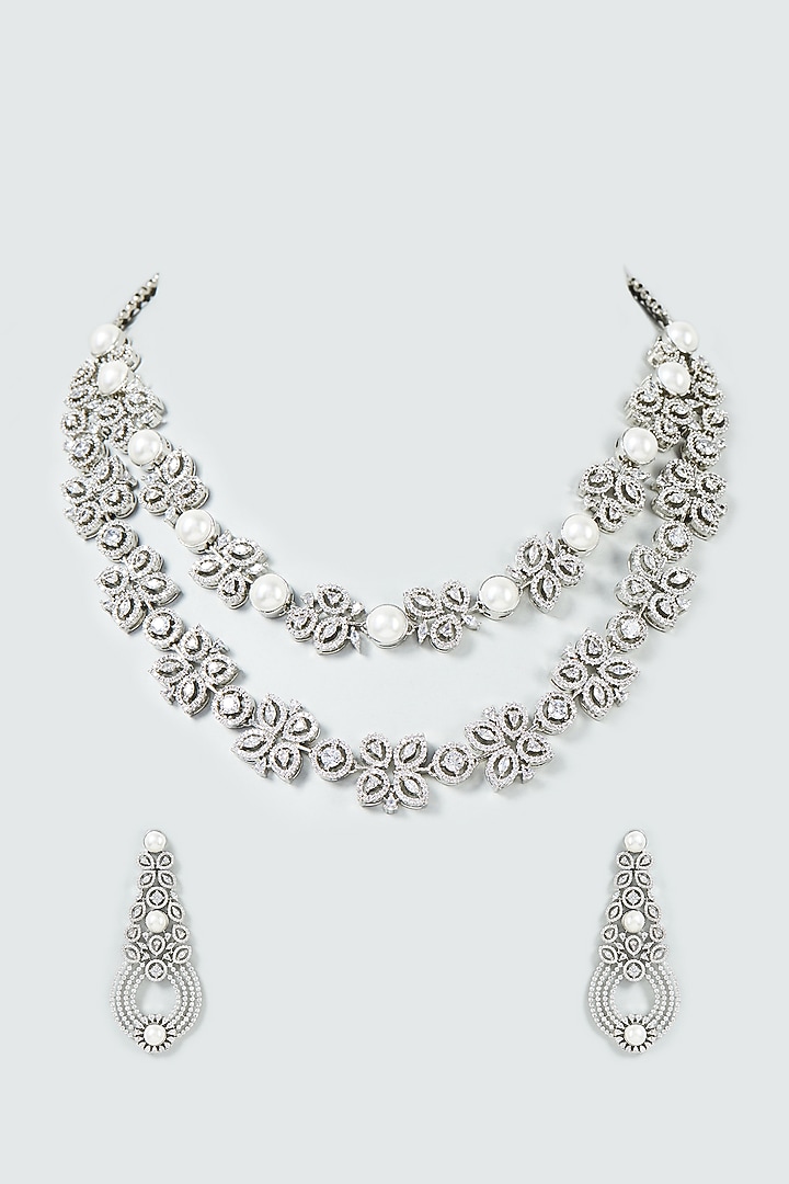 White Finish Faux Diamond & Shell Pearl Necklace Set by Prihan Luxury Jewelry at Pernia's Pop Up Shop