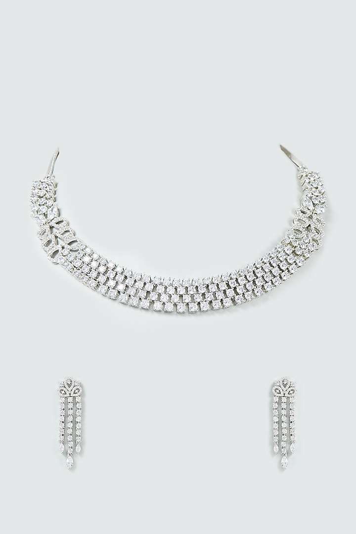 White Finish Faux Diamond Necklace Set by Prihan Luxury Jewelry at Pernia's Pop Up Shop