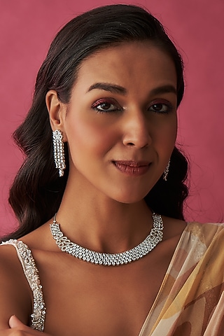 White Finish Faux Diamond Necklace Set by Prihan Luxury Jewelry