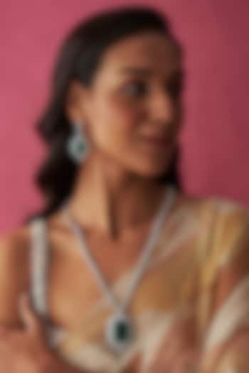 White Finish Solitaire Diamond & Emerald Long Necklace Set by Prihan Luxury Jewelry at Pernia's Pop Up Shop