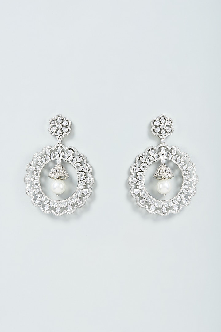 White Finish Faux Diamond & Pearl Drop Dangler Earrings by Prihan Luxury Jewelry at Pernia's Pop Up Shop