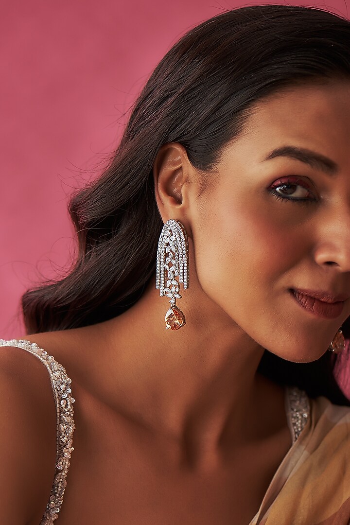 White Finish Faux Diamond & Topaz Drop Dangler Earrings by Prihan Luxury Jewelry at Pernia's Pop Up Shop