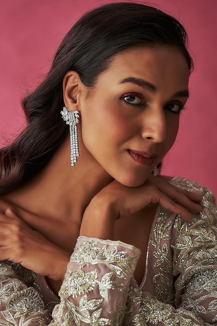 White Finish Faux Diamond Dangler Earrings by Prihan Luxury Jewelry