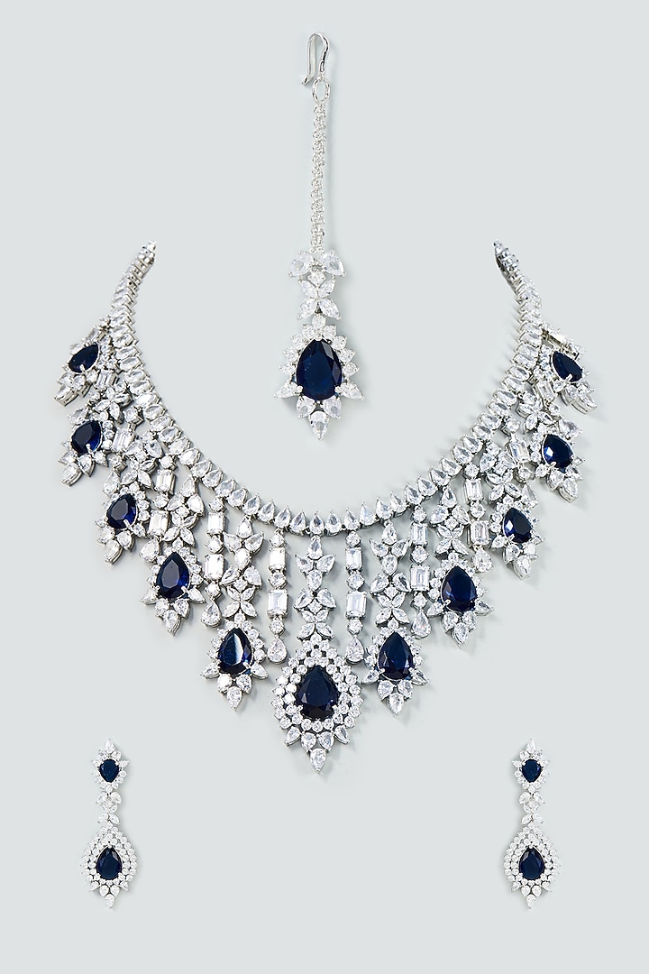 White Finish Faux Diamond & Sapphire Necklace Set by Prihan Luxury Jewelry at Pernia's Pop Up Shop