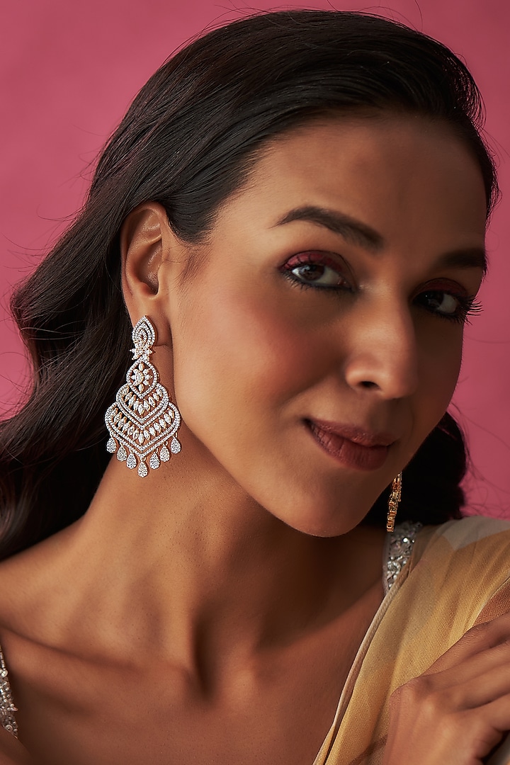 Two Tone Finish Faux Diamond Dangler Earrings by Prihan Luxury Jewelry at Pernia's Pop Up Shop