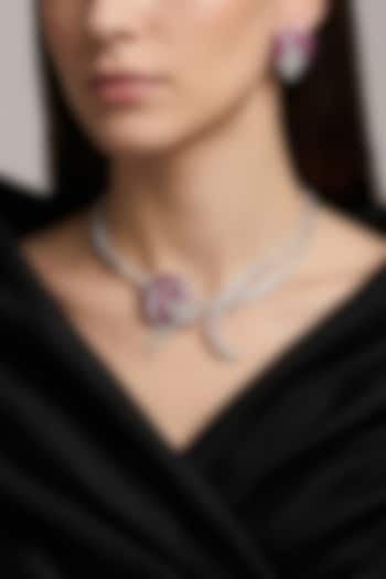 White Rhodium Finish Crystal Zircon & Fuchsia Stone Statement Necklace Set by Prihan Luxury Jewelry at Pernia's Pop Up Shop