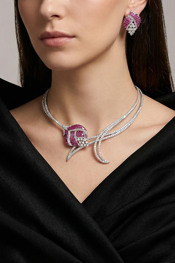 White Rhodium Finish Crystal Zircon & Fuchsia Stone Statement Necklace Set by Prihan Luxury Jewelry at Pernia's Pop Up Shop