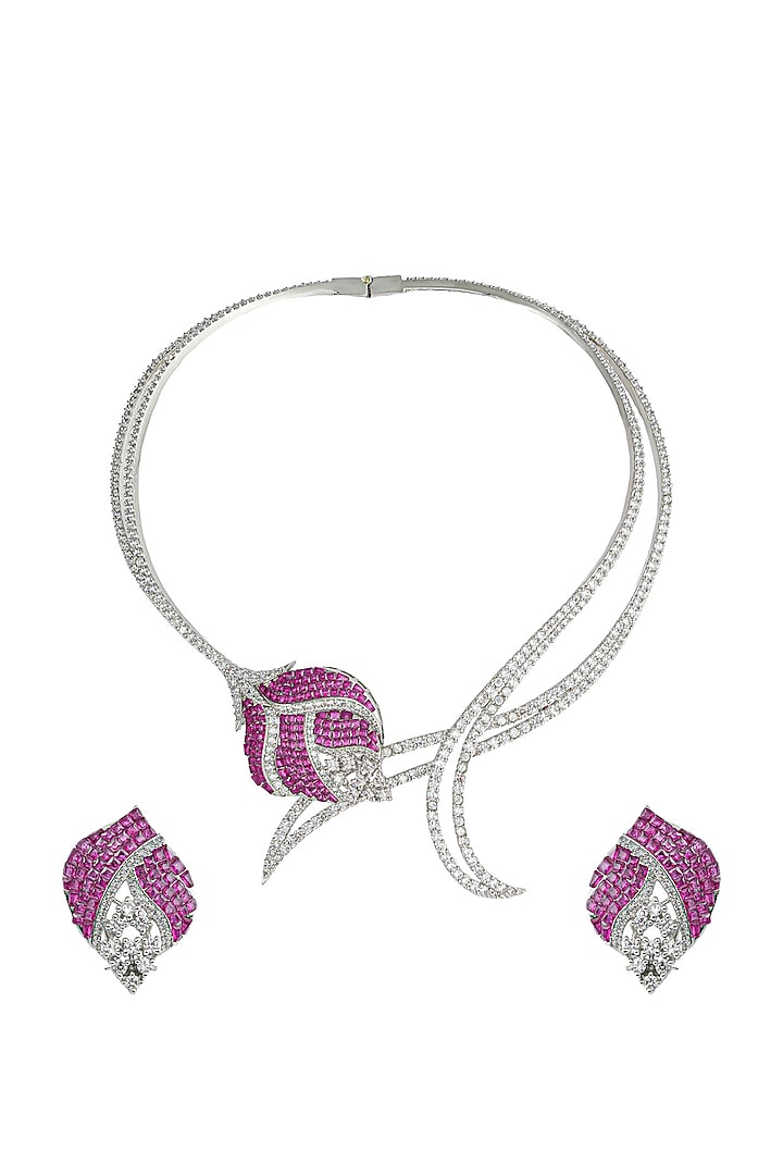 White Rhodium Finish Crystal Zircon & Fuchsia Stone Statement Necklace Set by Prihan Luxury Jewelry at Pernia's Pop Up Shop