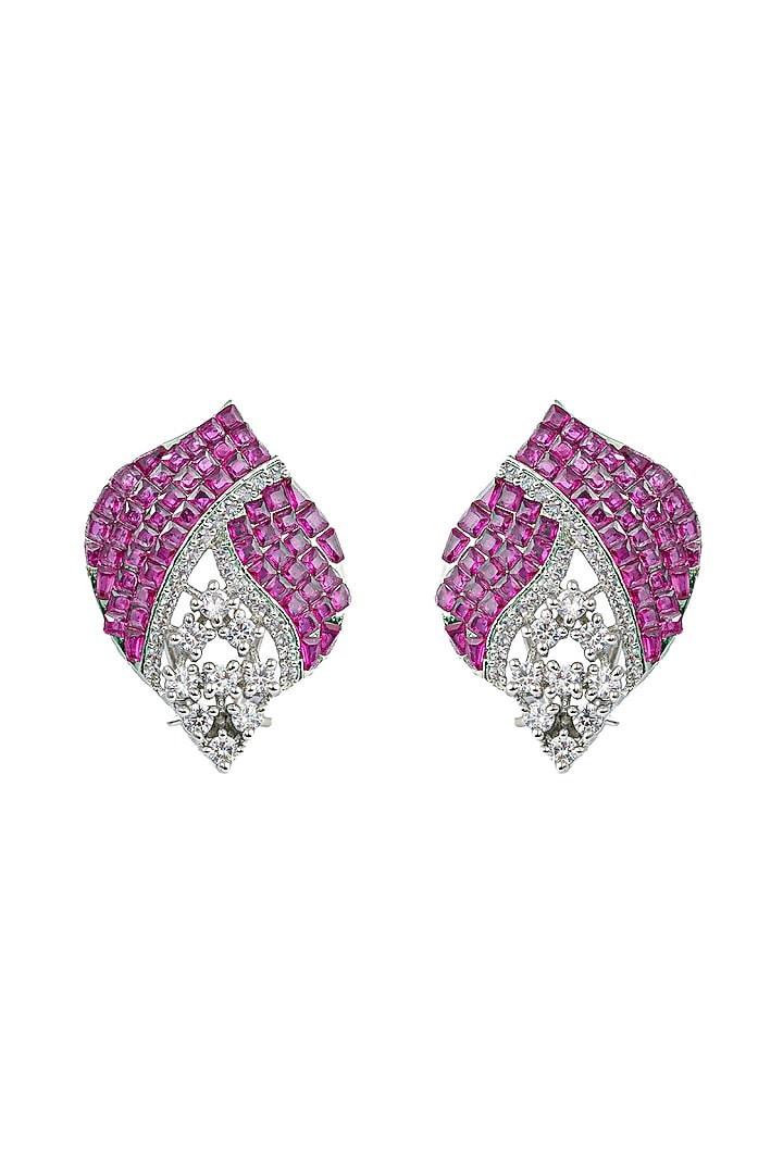 White Rhodium Finish Crystal Zircon & Fuchsia Stone Statement Necklace Set by Prihan Luxury Jewelry at Pernia's Pop Up Shop