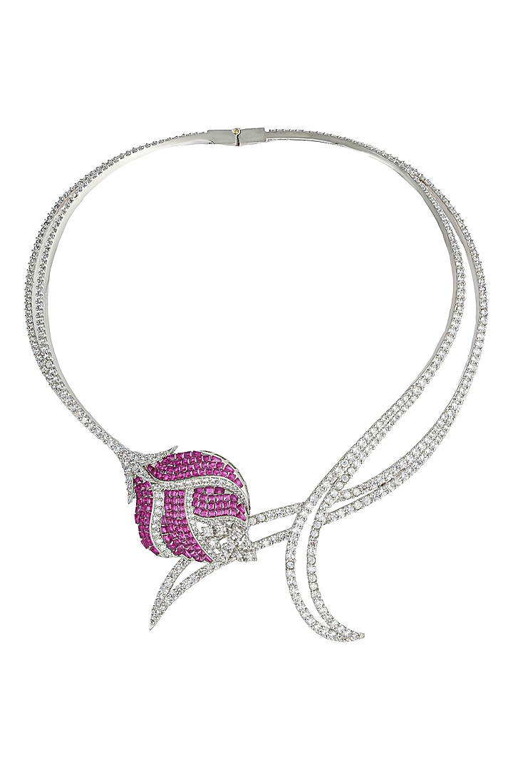 White Rhodium Finish Crystal Zircon & Fuchsia Stone Statement Necklace Set by Prihan Luxury Jewelry at Pernia's Pop Up Shop