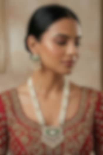 White Rhodium Finish Kundan Polki & Green Stone Necklace Set by Prihan Luxury Jewelry at Pernia's Pop Up Shop