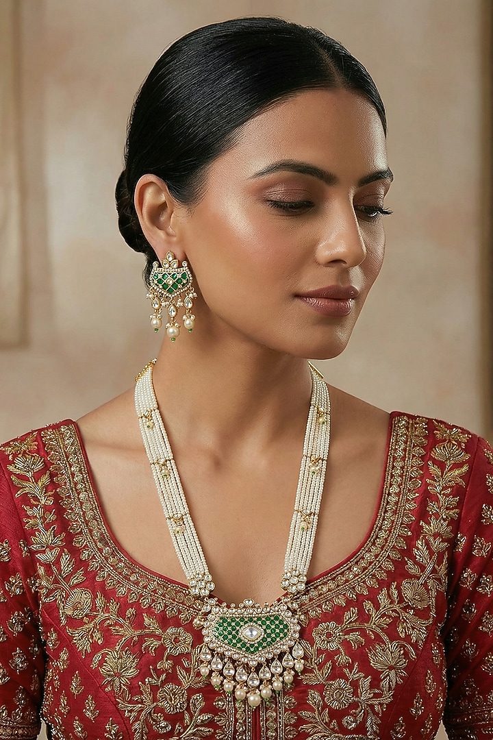 White Rhodium Finish Kundan Polki & Green Stone Necklace Set by Prihan Luxury Jewelry at Pernia's Pop Up Shop