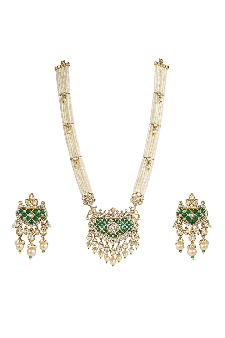 White Rhodium Finish Kundan Polki & Green Stone Necklace Set by Prihan Luxury Jewelry at Pernia's Pop Up Shop