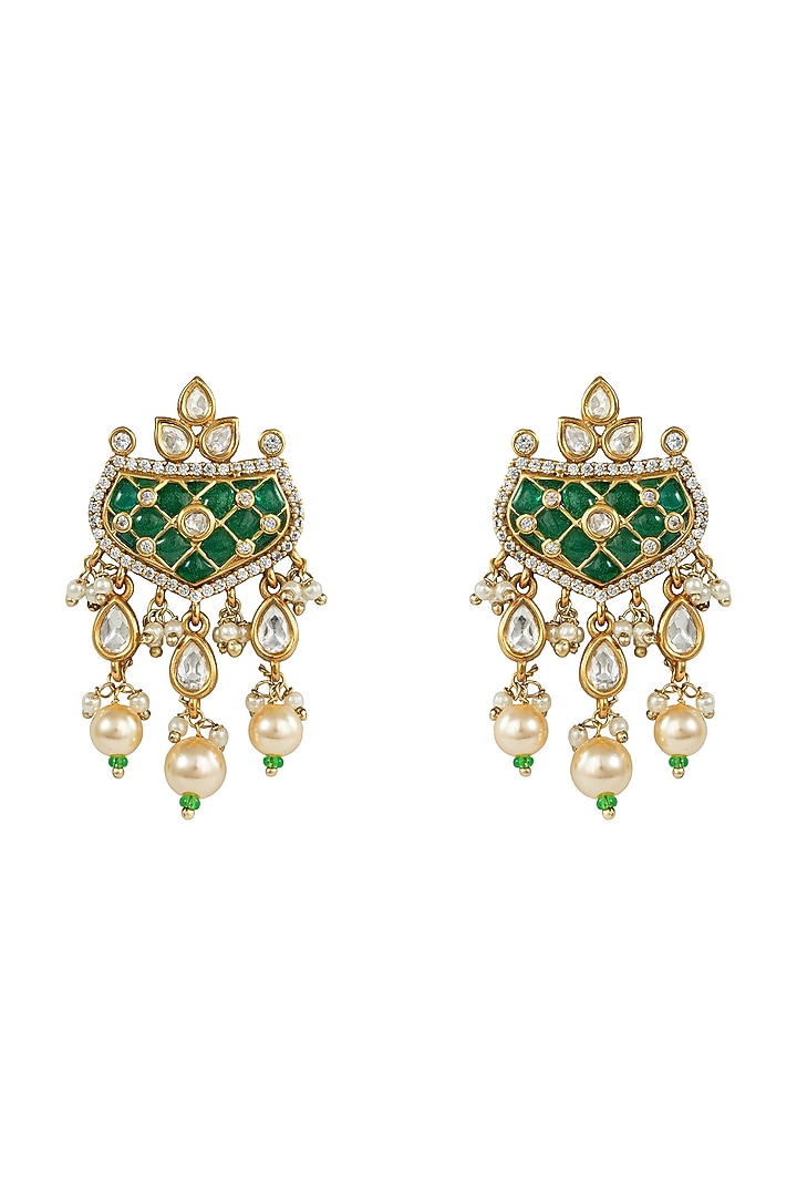 White Rhodium Finish Kundan Polki & Green Stone Necklace Set by Prihan Luxury Jewelry at Pernia's Pop Up Shop