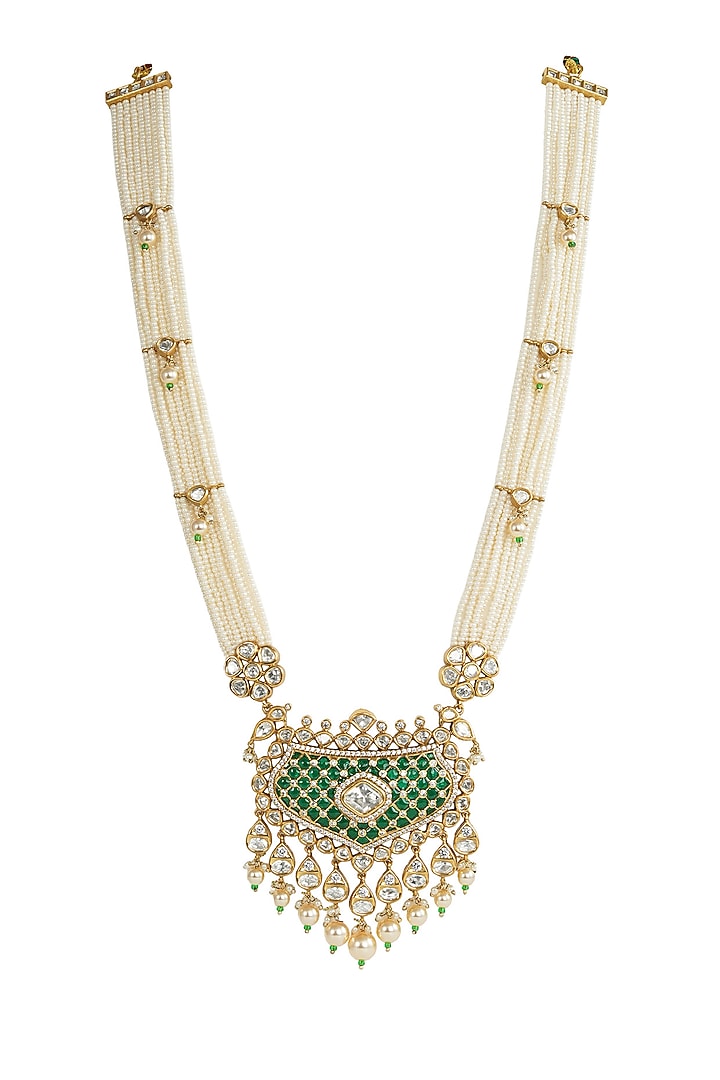 White Rhodium Finish Kundan Polki & Green Stone Necklace Set by Prihan Luxury Jewelry at Pernia's Pop Up Shop