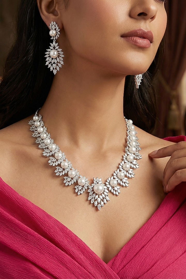 Silver Finish Zircon Necklace Set by Prihan Luxury Jewelry at Pernia's Pop Up Shop