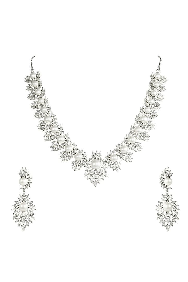 Silver Finish Zircon Necklace Set by Prihan Luxury Jewelry at Pernia's Pop Up Shop