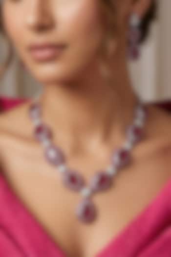 White Rhodium Finish Zircon & Ruby Stone Necklace Set by Prihan Luxury Jewelry at Pernia's Pop Up Shop
