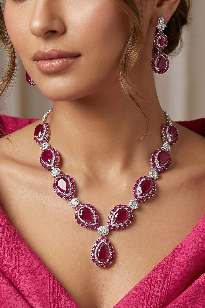 White Rhodium Finish Zircon & Ruby Stone Necklace Set by Prihan Luxury Jewelry at Pernia's Pop Up Shop