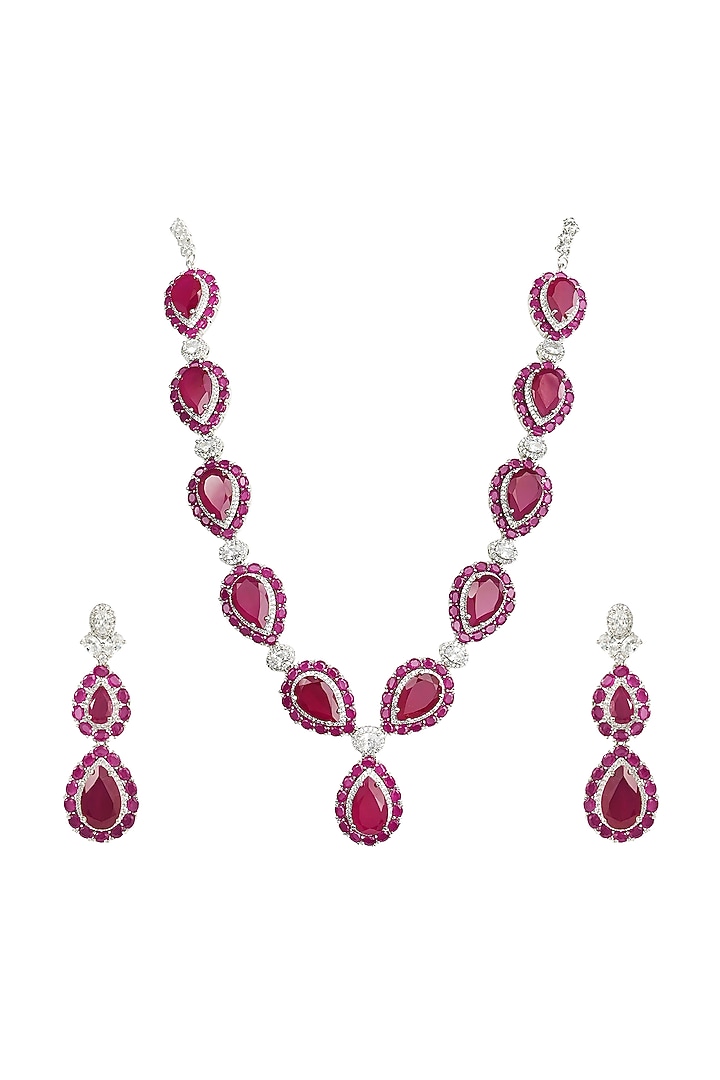 White Rhodium Finish Zircon & Ruby Stone Necklace Set by Prihan Luxury Jewelry at Pernia's Pop Up Shop