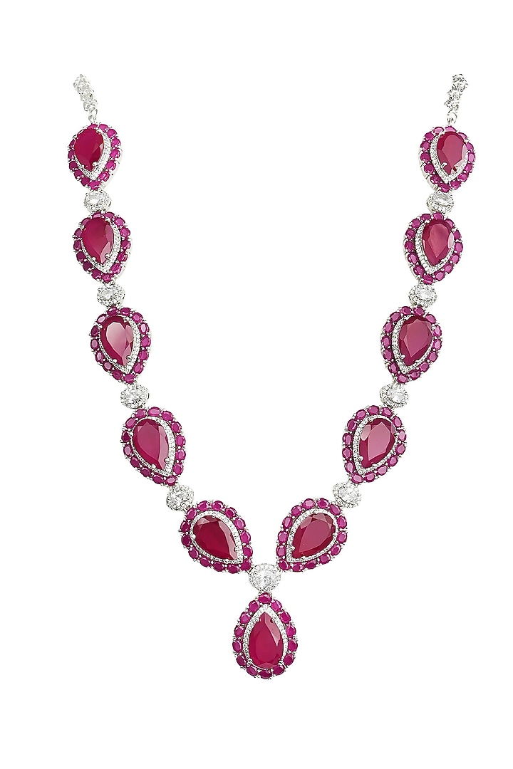 White Rhodium Finish Zircon & Ruby Stone Necklace Set by Prihan Luxury Jewelry at Pernia's Pop Up Shop