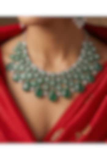 White Rhodium Finish Zircon & Emerald Stone Necklace Set by Prihan Luxury Jewelry at Pernia's Pop Up Shop