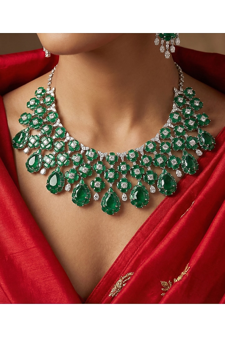 White Rhodium Finish Zircon & Emerald Stone Necklace Set by Prihan Luxury Jewelry at Pernia's Pop Up Shop