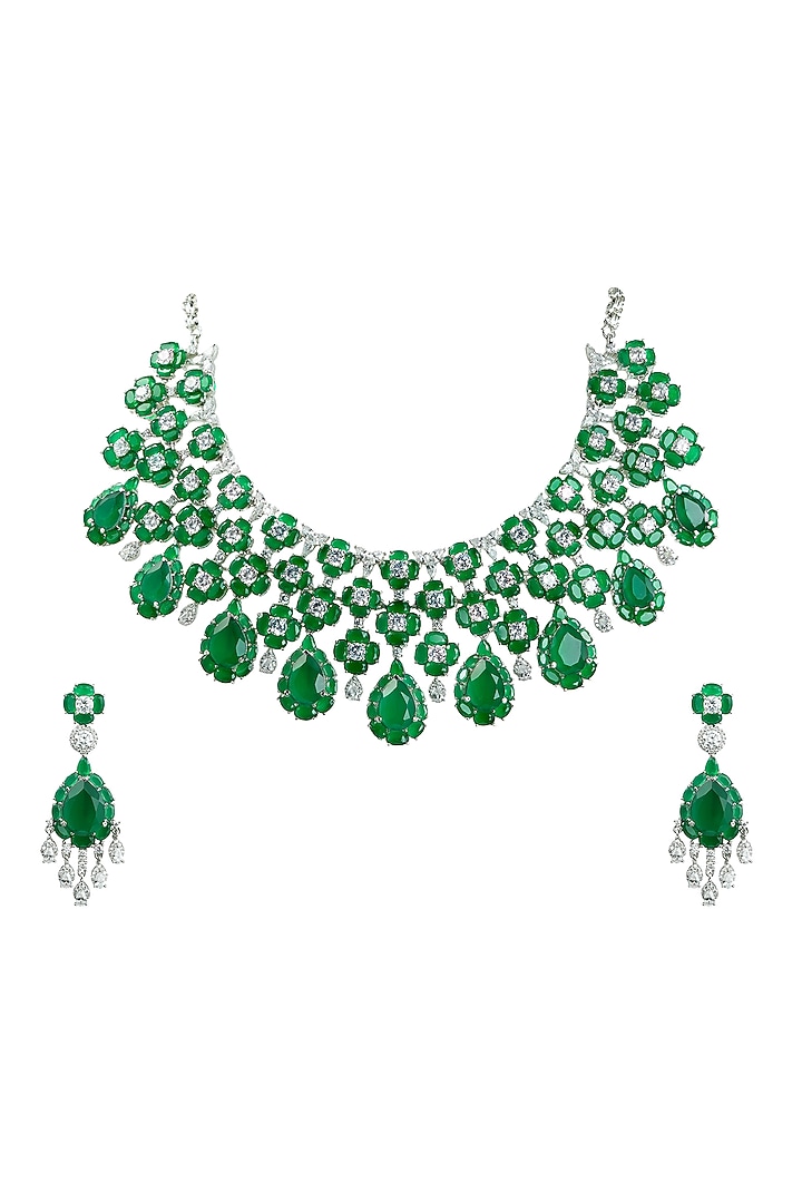 White Rhodium Finish Zircon & Emerald Stone Necklace Set by Prihan Luxury Jewelry at Pernia's Pop Up Shop