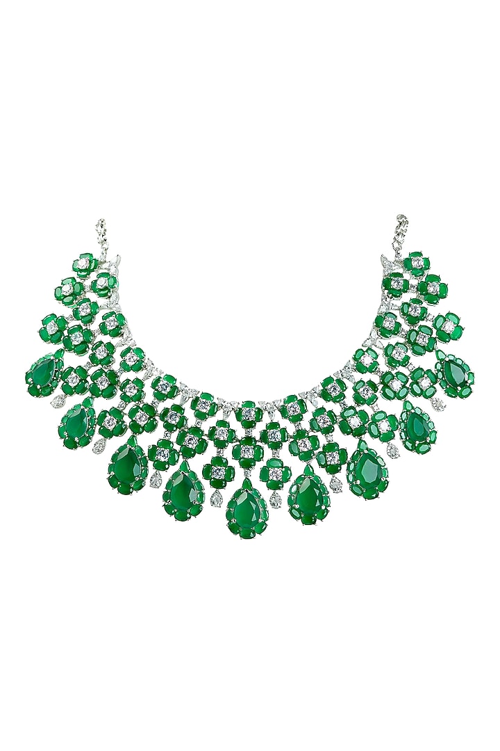 White Rhodium Finish Zircon & Emerald Stone Necklace Set by Prihan Luxury Jewelry at Pernia's Pop Up Shop