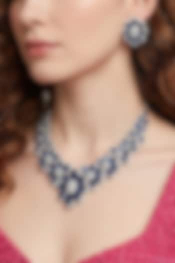 White Rhodium Finish Zircon & Sapphire Stone Necklace Set by Prihan Luxury Jewelry at Pernia's Pop Up Shop