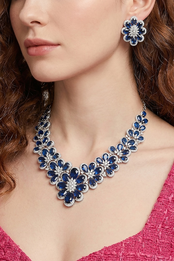 White Rhodium Finish Zircon & Sapphire Stone Necklace Set by Prihan Luxury Jewelry at Pernia's Pop Up Shop