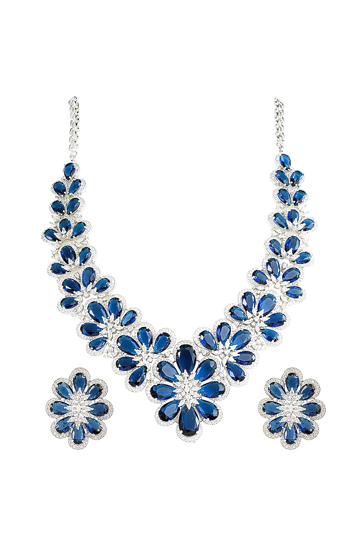 White Rhodium Finish Zircon & Sapphire Stone Necklace Set by Prihan Luxury Jewelry at Pernia's Pop Up Shop