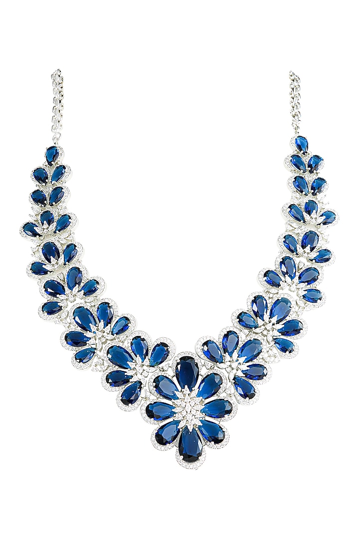 White Rhodium Finish Zircon & Sapphire Stone Necklace Set by Prihan Luxury Jewelry at Pernia's Pop Up Shop