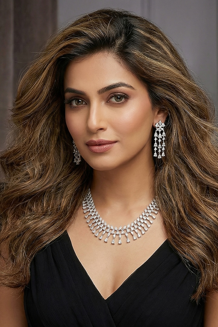 Silver Finish Zircon Necklace Set by Prihan Luxury Jewelry at Pernia's Pop Up Shop