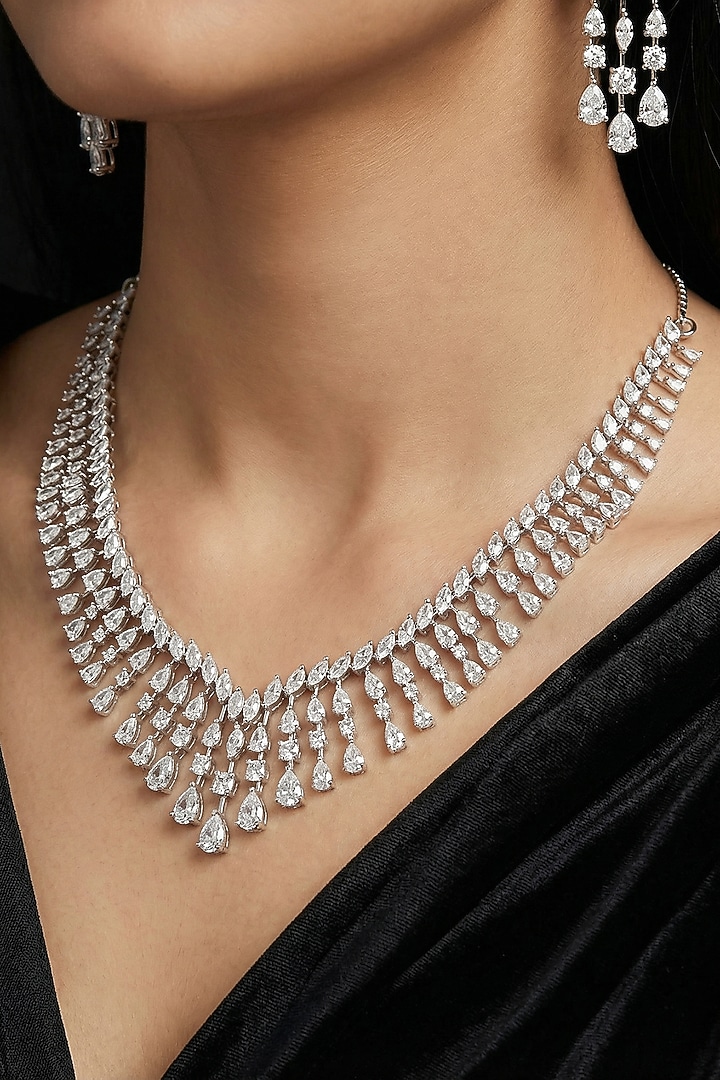 Silver Finish Zircon Necklace Set by Prihan Luxury Jewelry at Pernia's Pop Up Shop