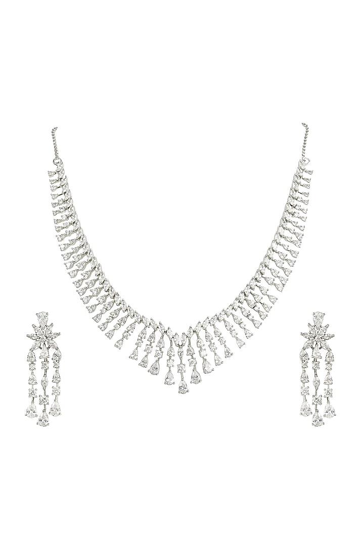 Silver Finish Zircon Necklace Set by Prihan Luxury Jewelry at Pernia's Pop Up Shop