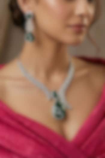 White Rhodium Finish Zircon & Emerald Stone Necklace Set by Prihan Luxury Jewelry at Pernia's Pop Up Shop